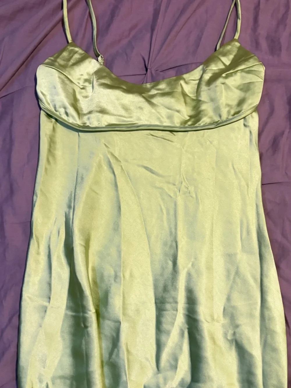 Hello Molly— We’re in style satin mini dress lime - Picture 4 of 5